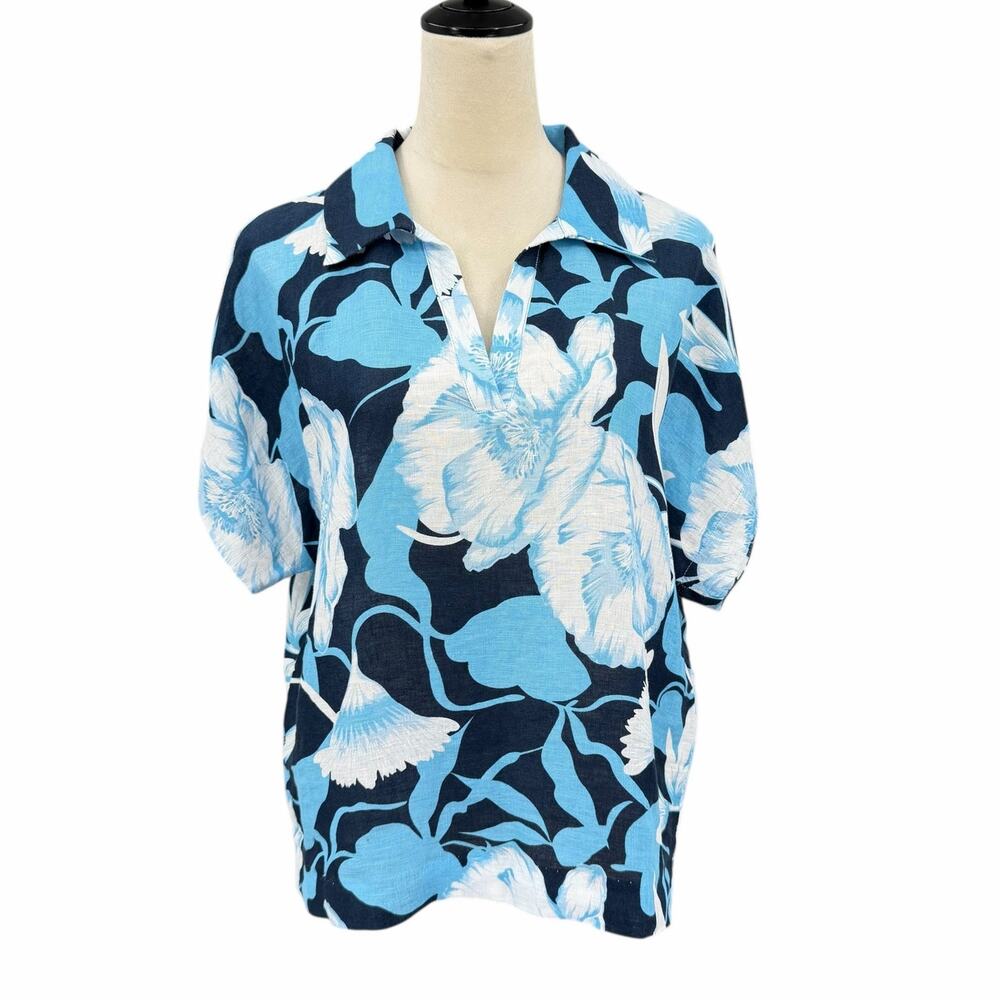 Elie Tahari Petite Blue Floral Tropical Print Linen Boxy V-Neck Collared Top